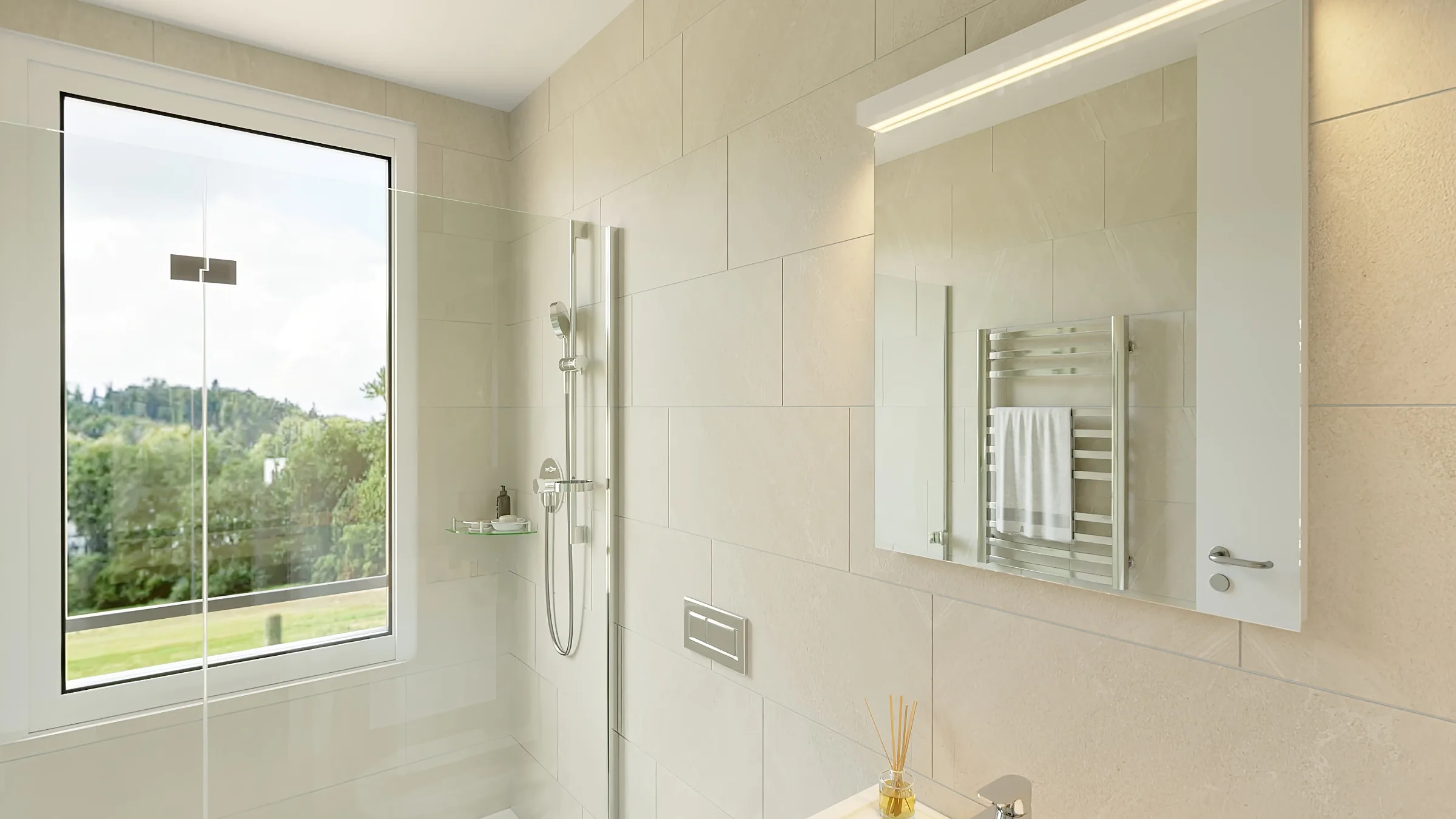 Bathroom with a window onto the hillside