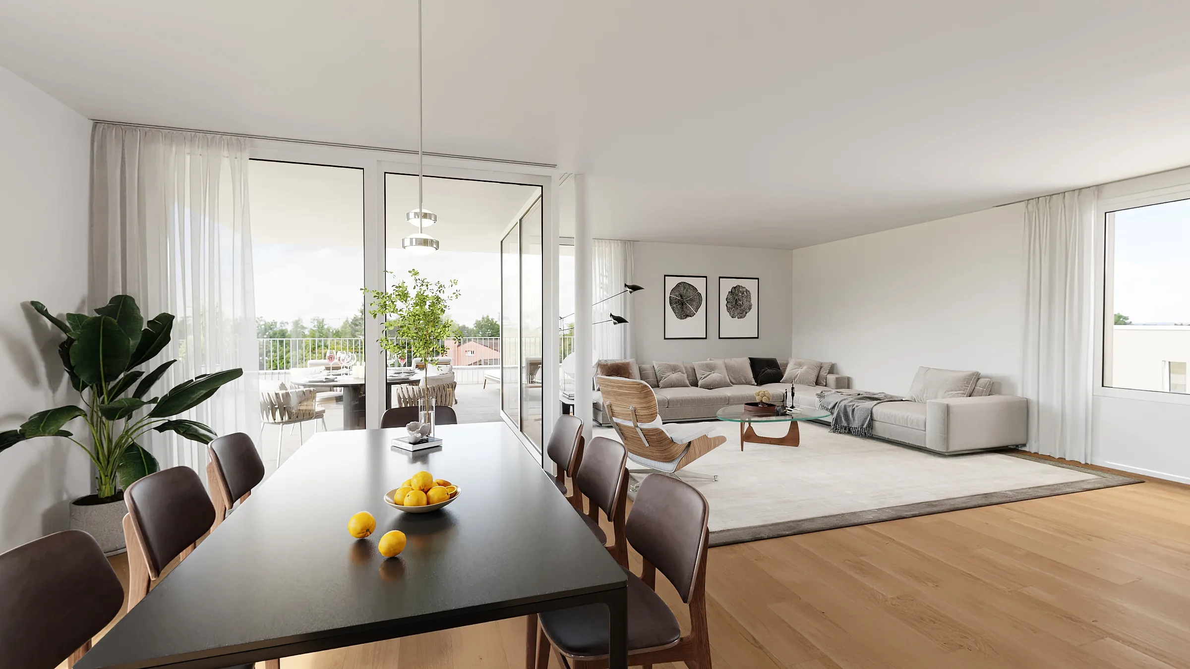 Dining table, with the living room and terrace beyond