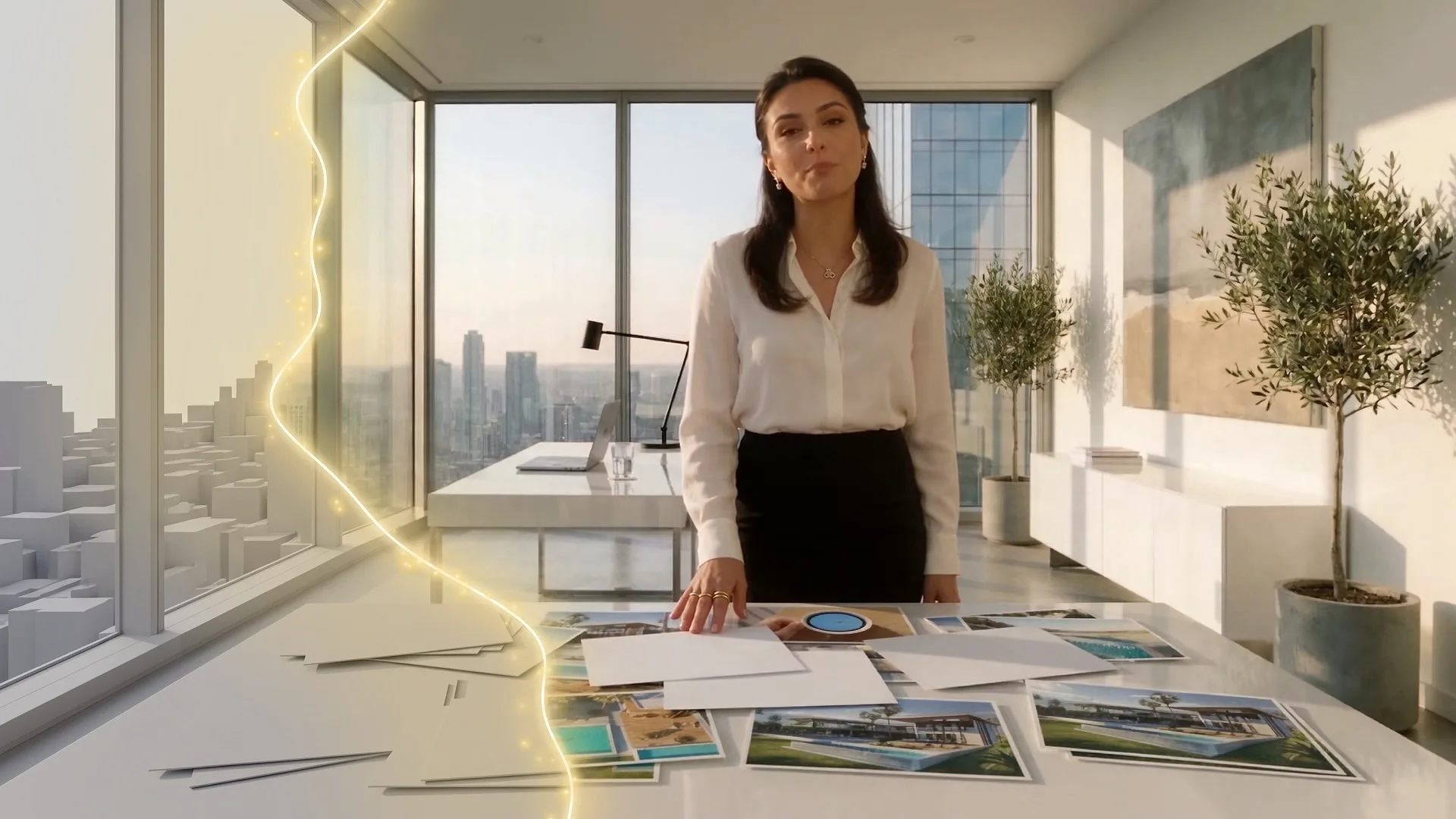 The reveal: the office behind the presenter turns back into grey clay