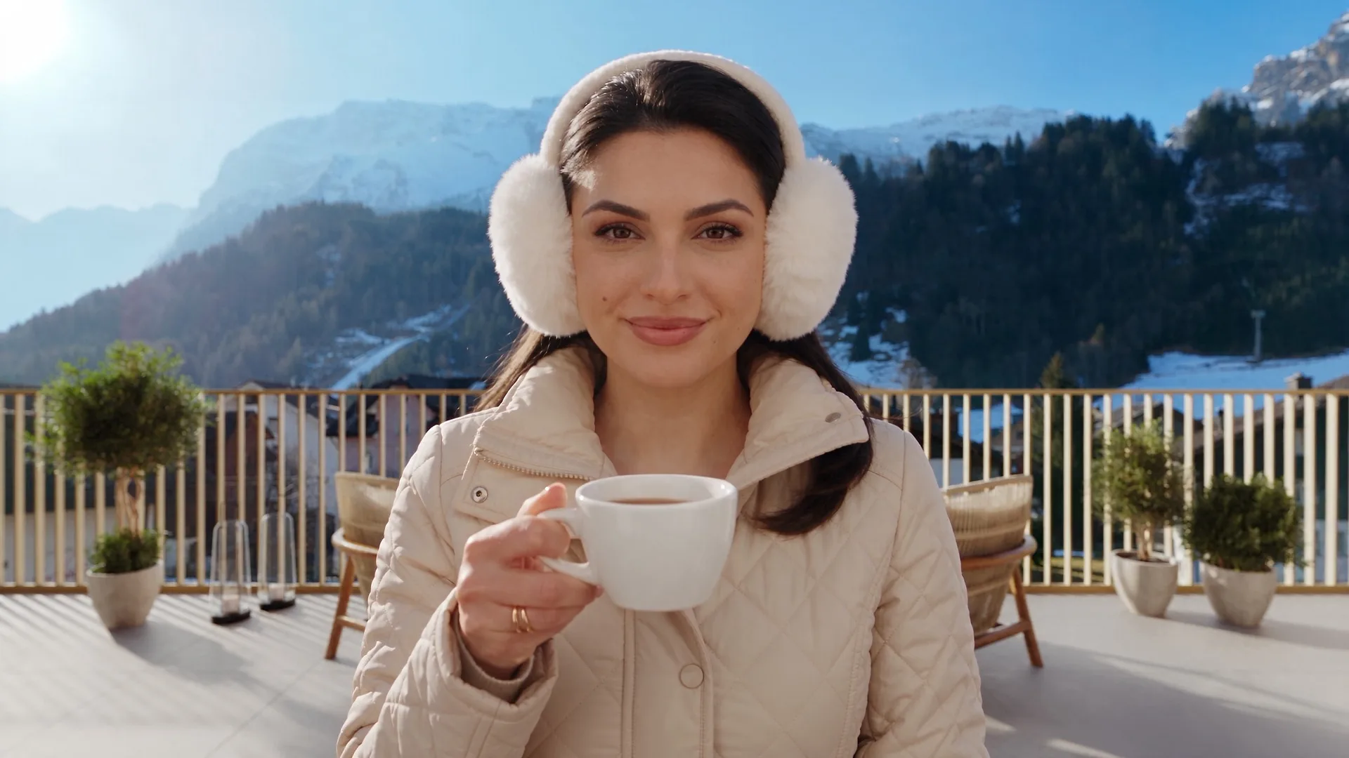 The terrace render brought to life: steam over the coffee, a presenter in earmuffs
