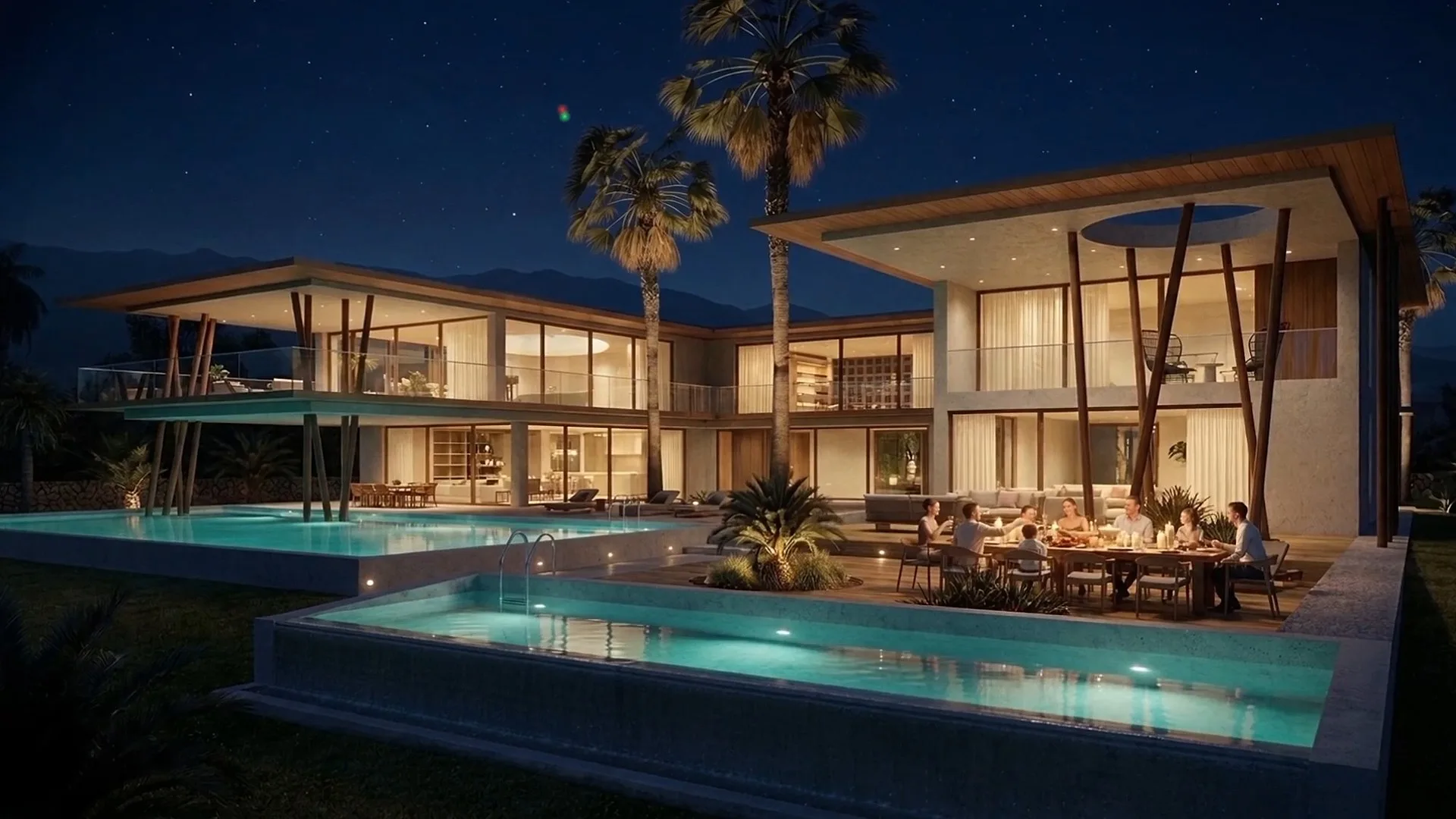 The villa at night, with a family dinner on the deck