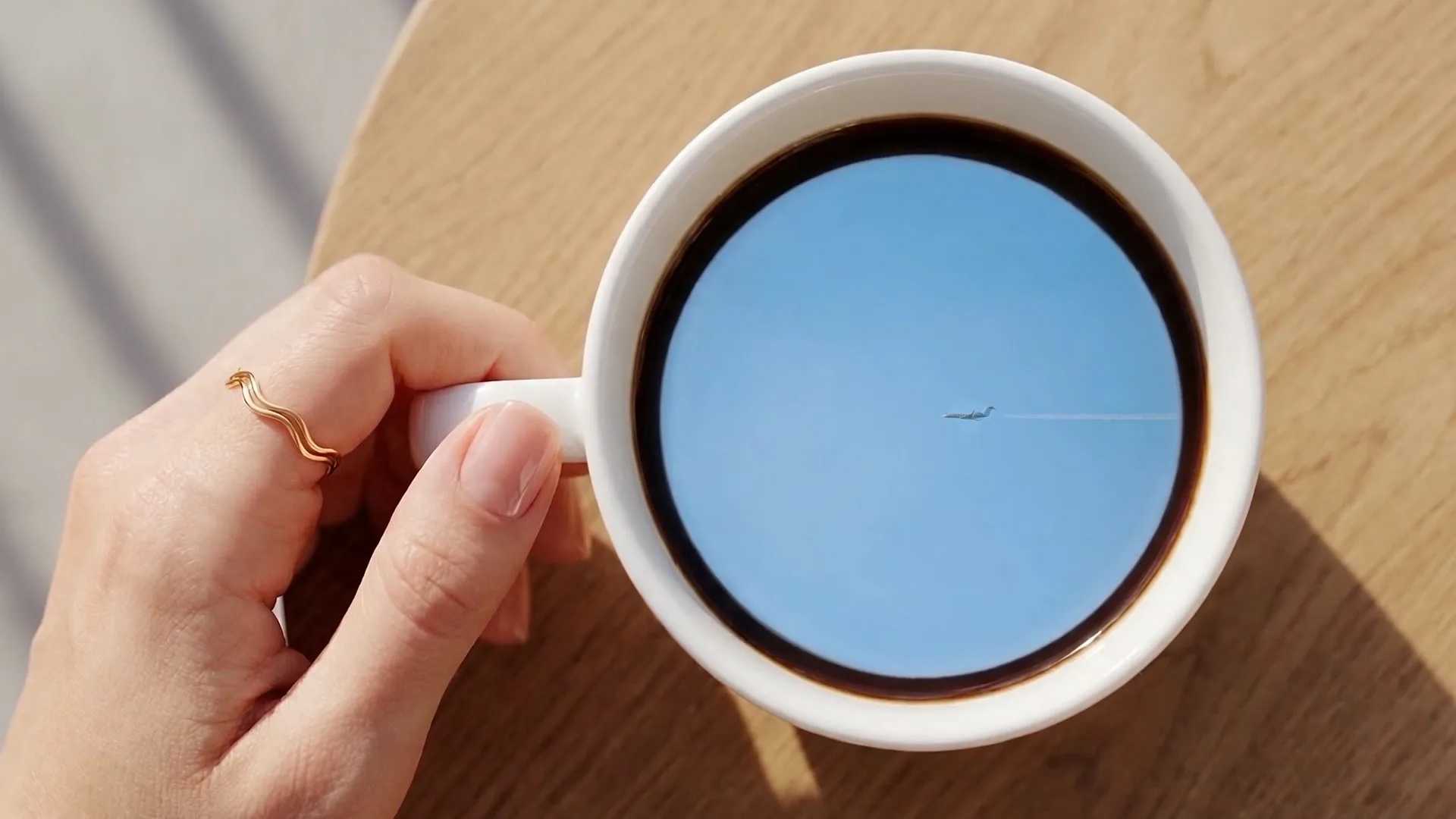 A jet crossing the sky in a cup of coffee: the cut from the chalet to the cabin