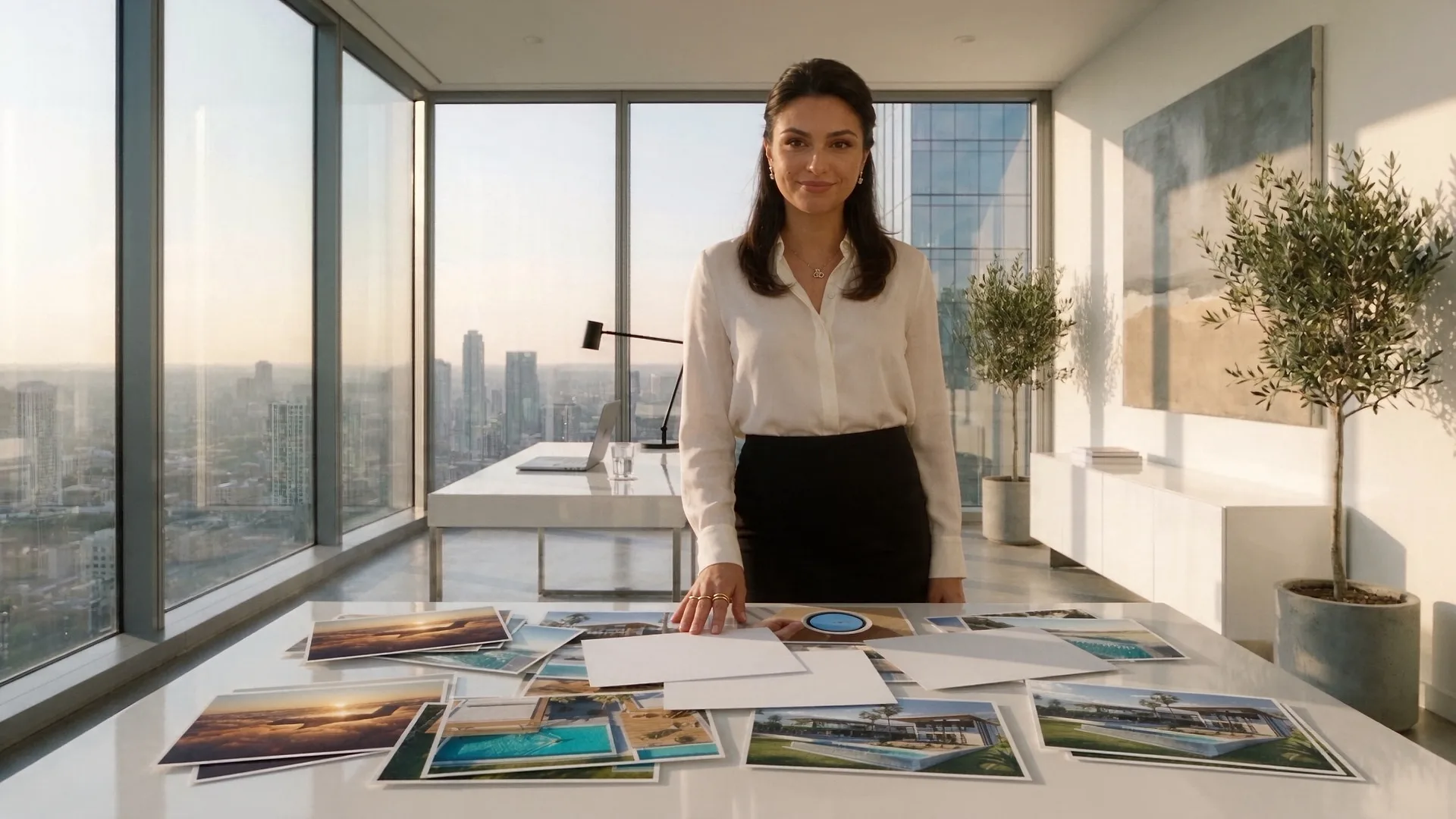 The closing shot: the same desk, now covered in prints