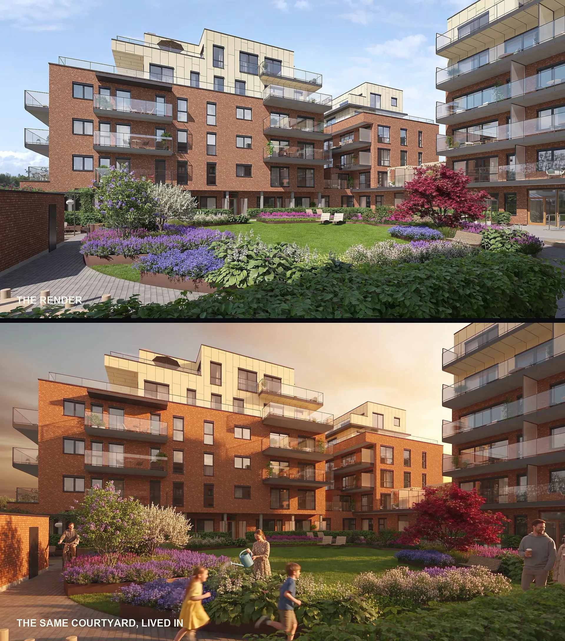 The courtyard render, and the same courtyard with residents in it