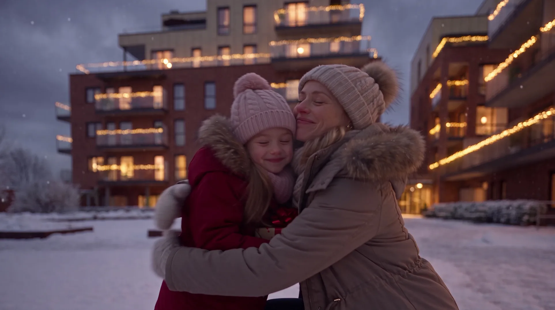 A mother gives her daughter a present in the snowy courtyard
