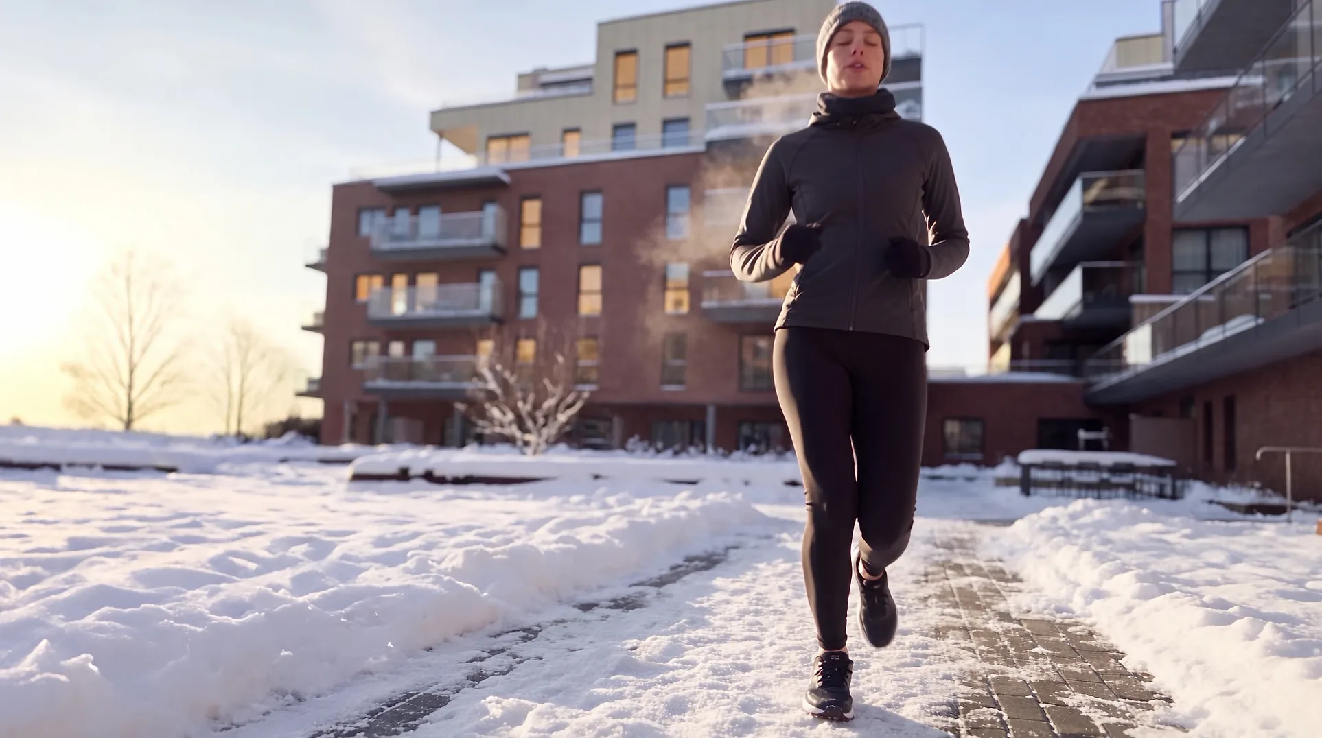 A morning run through the courtyard in winter