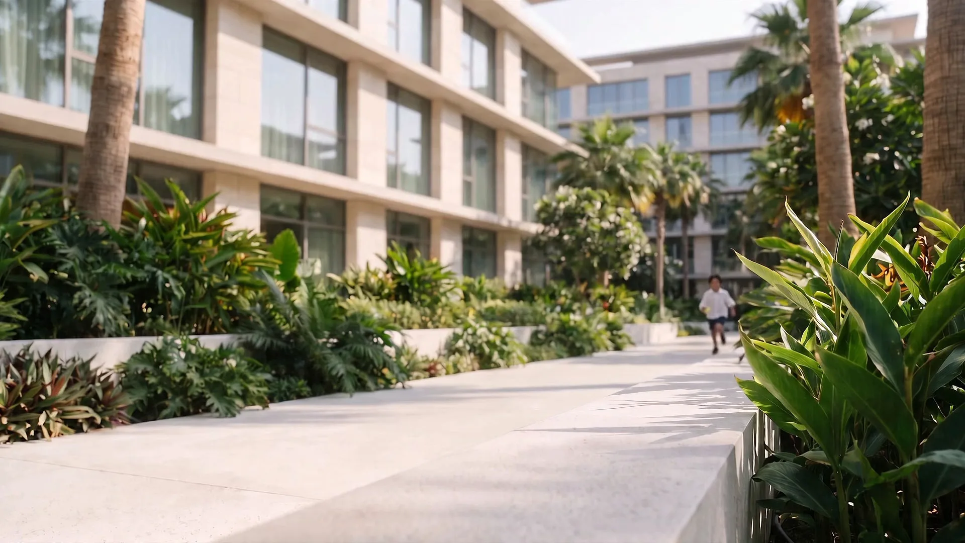 A boy running into the landscaped courtyard of a residential building