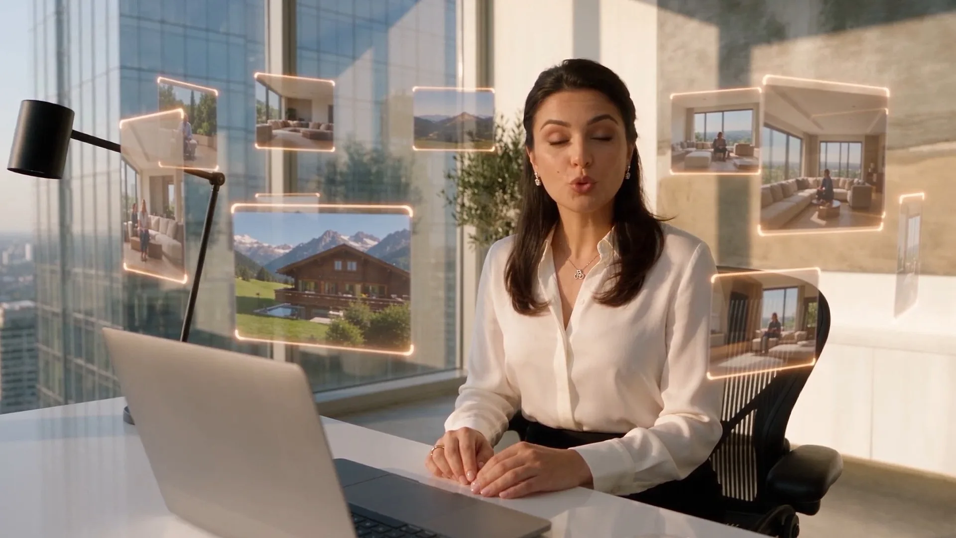 A virtual presenter at a desk, with cards of scenes generated from renders floating around her